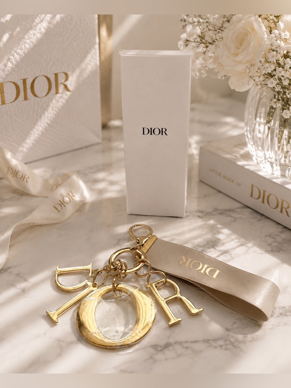 NEW! DIOR gold Logo Keychain Charm with Ribbon GWP!